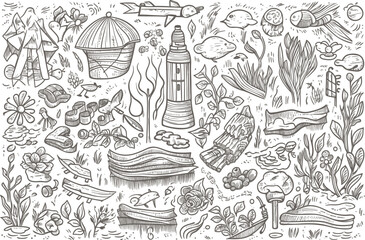 Large set of travel or tourism in sketch style. Line drawing illustration.