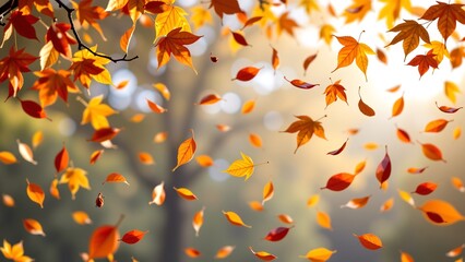 Falling Leaves, Scattered Autumn Movement, Dynamic Scene Element, Seasonal Foliage Graphic, Warm Fall Aesthetic, Cascading Particle Visual, Ample Copy Space, Multipurpose Overlay, Lively Visual.