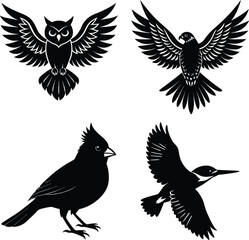 Flying bird branch silhouette illustration, Vector birds  icon Flying birds silhouettes on white background. Vector illustration. isolated bird flying. tattoo and wallpaper background design