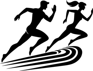 Running man and woman, isolated vector silhouettes. Run, side view. Silhouettes of athletic looking male and female runners running. EPS version.
