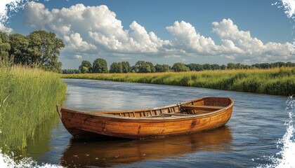 Obraz premium Wooden Rowboat on Calm River Under Cloudy Sky