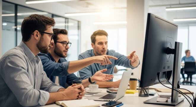 Three young professionals collaborate on a project, pointing at a computer screen in a bright office.