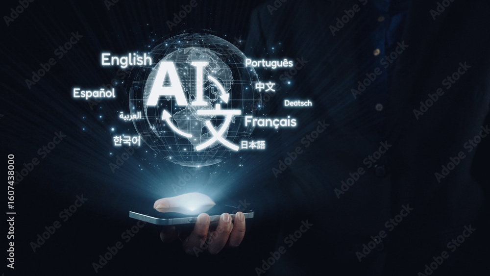 Poster global communication with multiple languages, digital translation tools, multilingual technology, cr