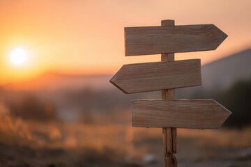 Naklejka premium Wooden signpost with blank spaces for text or icons on a sunset background