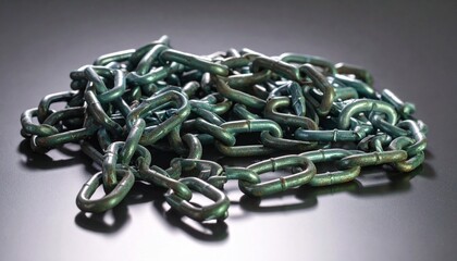A broken silver metal chain with one severed link resting beside the others on a green surface—symbolizing weakness, disruption, or breakthrough in structure or connection.