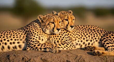 Fototapeta premium Two cheetahs resting together, their spotted coats blending in the warm sunlight