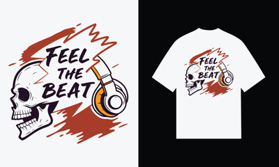 Skull with headphones and text feel the beat music