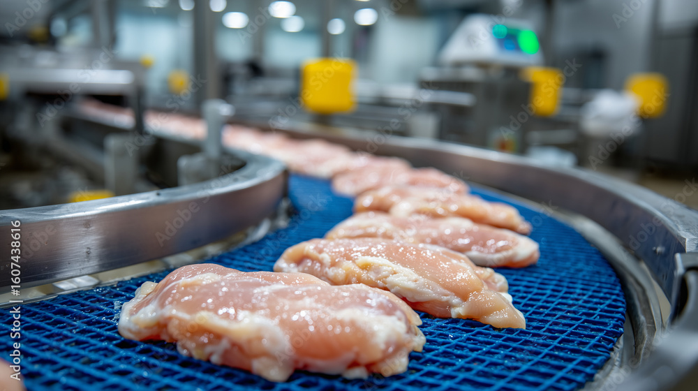 Poster close-up view of chicken fillets neatly arranged on an automated belt system, sterile environment wi