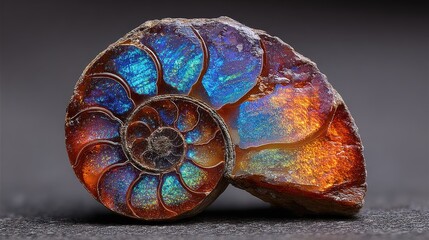 Opalized ammonite fossil with iridescent rainbow, ideal for paleontology exhibits, jewelry inspiration, or abstract art. Prehistoric and shimmering.