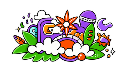 Colorful abstract design with shapes and symbols in modern style  