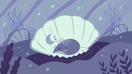 Cartoon illustration of a sleeping underwater creature in a shell  