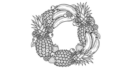 Hand-drawn fruit wreath featuring pineapples and bananas in black and white  