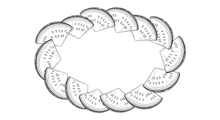 Sliced watermelon arranged in a circular pattern on white background  