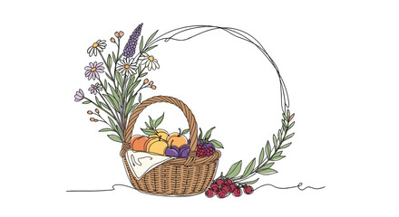 Fruit basket with flowers in rustic style and natural colors  