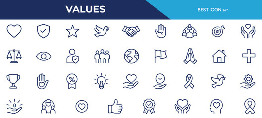 Values Line Icons – Vector Icons Representing Integrity, Trust, Love, Respect, Equality, Compassion, and Core Human Ethics