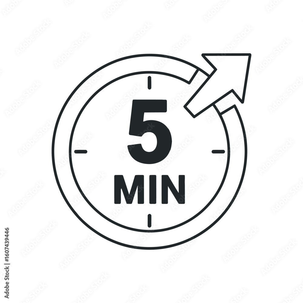 Poster quick 5 minute timer icon with arrow, fast countdown symbol, urgency, deadline, and time management 