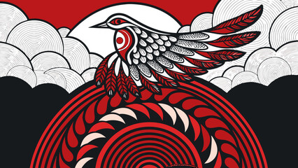 Stylized bird perched on a round design against a red and black background  