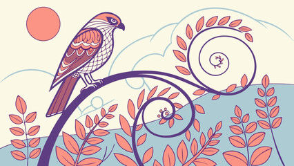 Stylized bird perched on a swirl branch with pink leaves and sun  