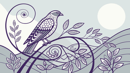 Stylized bird perched on decorative branches against soft background  