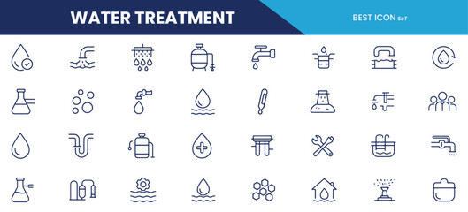 Water Treatment Line Icons – Filtration, Purification, Plumbing & Utility Symbols for Environmental, Industrial, and Engineering Use