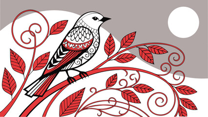 Stylized bird perched on branch with red leaves and sun background  