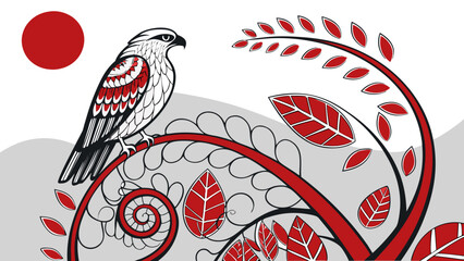 Stylized bird perched on decorative vine with red leaves and sun  