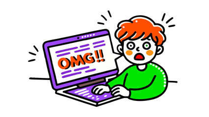 ** Surprised boy looking at laptop screen with shocked expression  