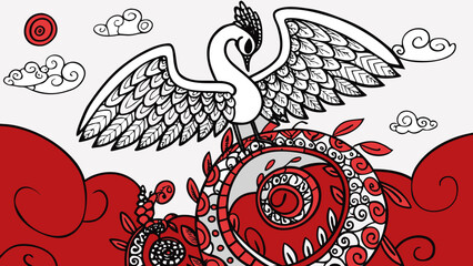 Stylized phoenix with wings on swirling red clouds and decorative elements  