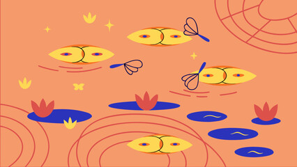 Colorful abstract fish swimming among lily pads on orange backdrop  