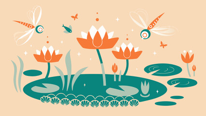 Water lilies and dragonflies in a serene pond illustration  