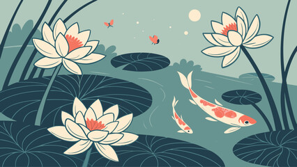 Koi fish swimming among lotus flowers in serene water pond  