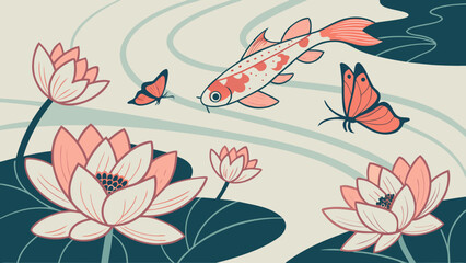 Colorful koi fish swimming among pink lotus flowers and butterflies  