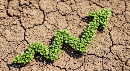 Vibrant green sprouts emerge in a winding path across parched, cracked earth