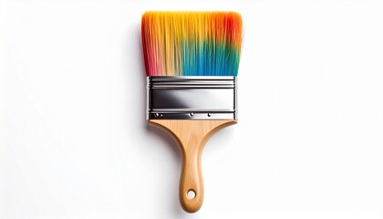 A red-handled paintbrush with yellow accents, silver ferrule, and black-gold bristles resting diagonally on a white surface&mdash;ideal for art-themed designs or creative product visuals.