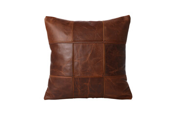 Rustic brown leather patchwork cushion isolated on transparent background