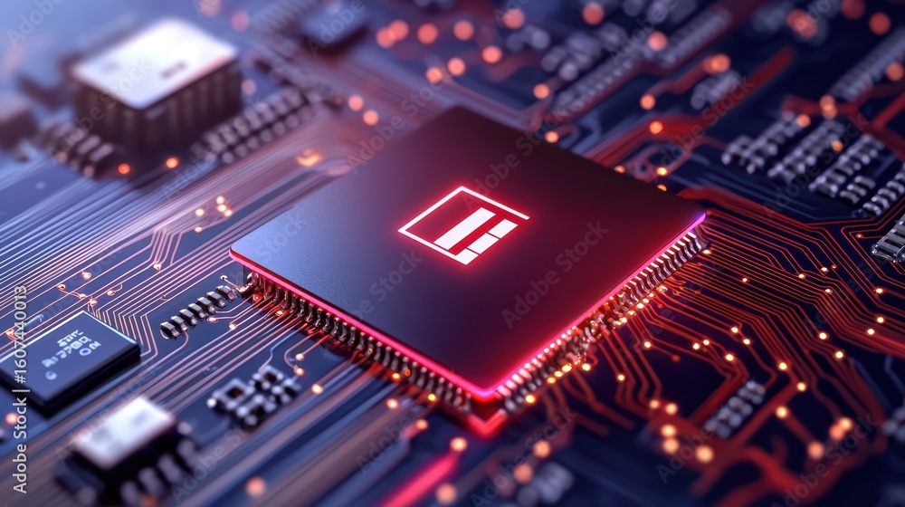 Poster close-up view of microprocessor on circuit board with glow