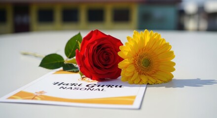 Vibrant Red Rose and Yellow Gerbera Daisy on Hari Guru Nasional Card
