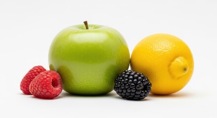 Vibrant Still Life: Green Apple, Lemon, Raspberries, and Blackberry on White