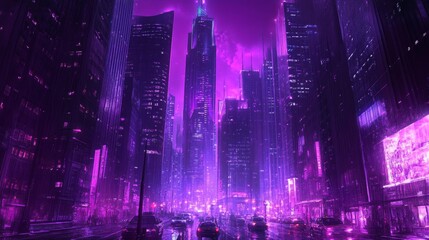 A neon purple cityscape wallpaper with glowing skyscrapers and busy streets