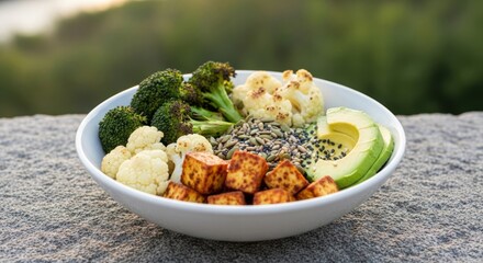 Vibrant vegan bowl with tofu, broccoli, cauliflower, avocado, and mixed seeds