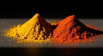 Vibrant turmeric and paprika powder mounds against a dark backdrop, showcasing rich color and texture