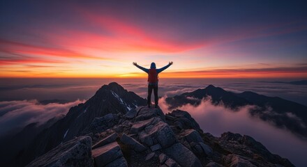 Victorious hiker celebrates sunrise atop rocky mountain peak, arms outstretched against vibrant sky