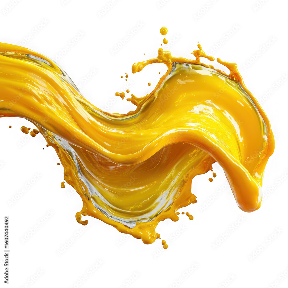 Poster a bright yellow liquid splash creating a dynamic and fluid shape isolated on transparent background