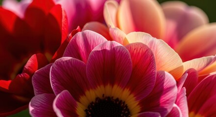 Vivid Floral Close-Up: Red, Pink, and Peach Tulip Petals in Sunlight