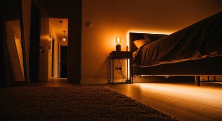Warm bedroom ambiance with bedside lamp and illuminated headboard creating a cozy atmosphere