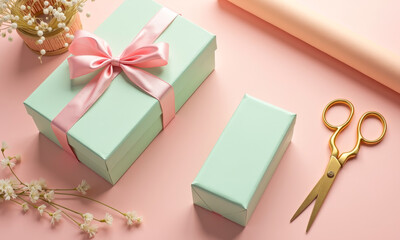 Aesthetic composition of Pastel-themed gift wrapping station with pink ribbon, mint box, peach wrapping paper roll, and gold scissors.
