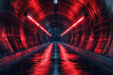 Red Lit Tunnel Path Leading To Darkness