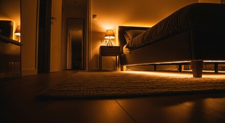 Warm Bedroom Glow: Bedside Lamp and Under-Bed Lighting Create a Cozy Ambiance