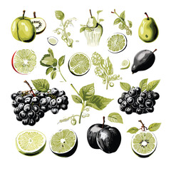 Fruit and berries set with leaves and branch: apple, pear, cherry, grape, lemon, citrus, strawberry, hand drawn ink outline sketch doodle icon collection, vintage design for coloring book page 