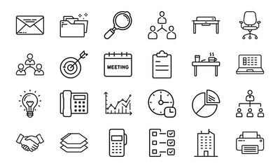 Office and Business Icon Bundle 24 Line Style Work Icons Office Tools, Meeting, Chart, Communication, Desk, Team, Planning Icons 